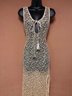 Aruba Blue Beige Crochet Swimsuit Cover-Up Dress - Womens XL